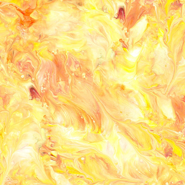Image of the Mixology Mix Dusty Sun quilting cotton fabric by Ocllo Mason For QT Fabrics. Features acrylic swirls on a yellow background. 
Cute Little Fabric Shop