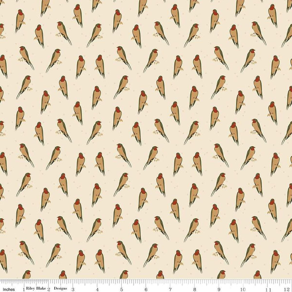 Image of the Sewing Your Oats Birds Oat Quilting cotton fabric by Karen Walker for Riley Blake Designs. Features small birds on a cream background. Cute Little Fabric Shop.
