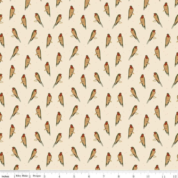 Image of the Sewing Your Oats Birds Oat Quilting cotton fabric by Karen Walker for Riley Blake Designs. Features small birds on a cream background. Cute Little Fabric Shop.