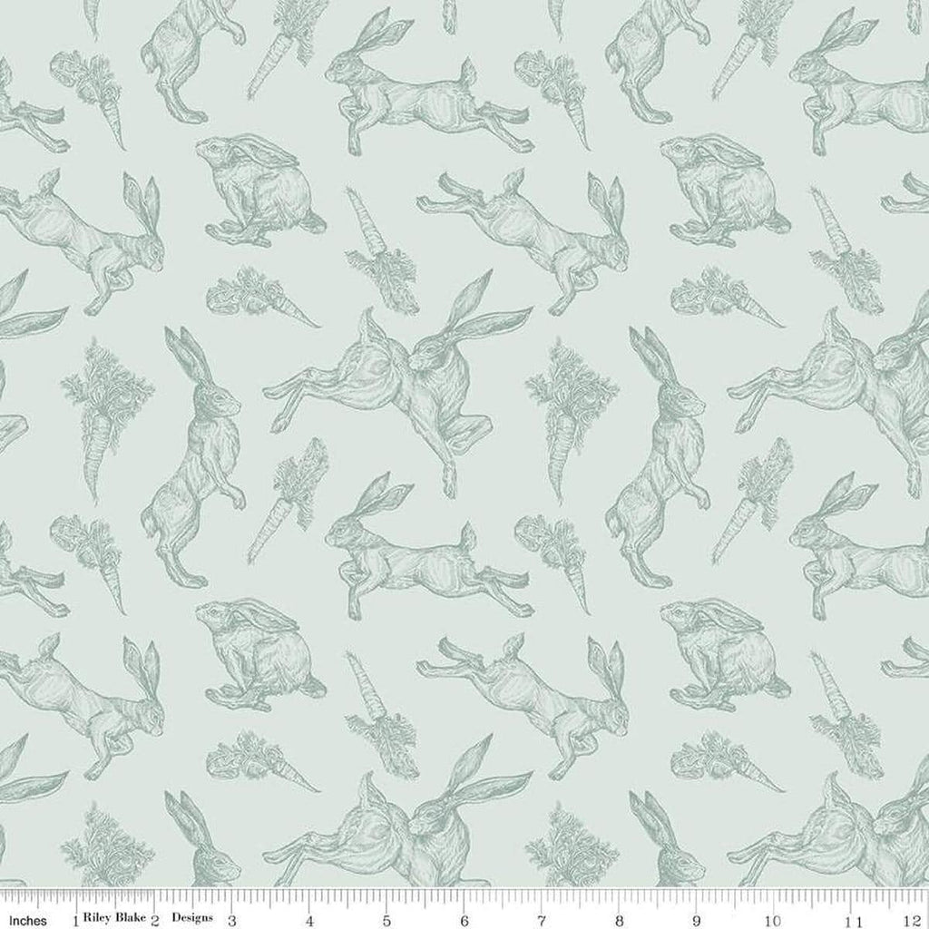 Image of the Sweet Spring Bunnies Seafoam quilting cotton fabric by Hester & Cook for Riley Blake Designs. Features bunnies on a blue background. Cute Little Fabric Shop