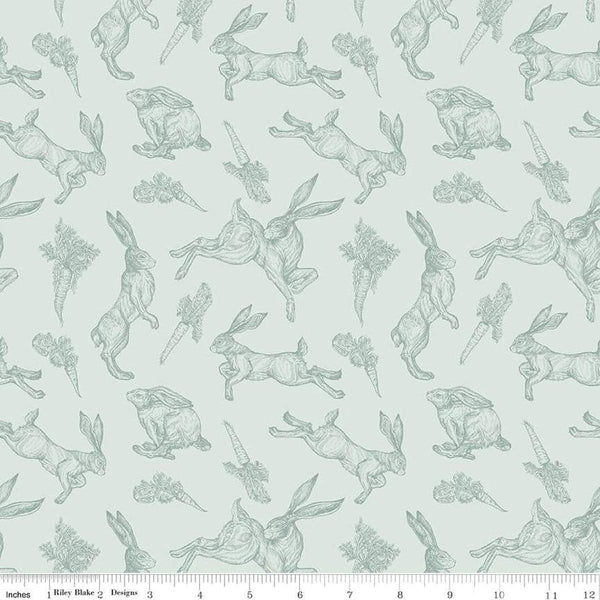 Image of the Sweet Spring Bunnies Seafoam quilting cotton fabric by Hester & Cook for Riley Blake Designs. Features bunnies on a blue background. Cute Little Fabric Shop