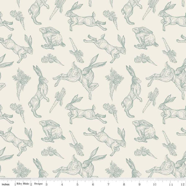 Image of the Sweet Spring Bunnies Ivory quilting cotton fabric by Hester & Cook for Riley Blake Designs. Features bunnies on a cream background. Cute Little Fabric Shop
