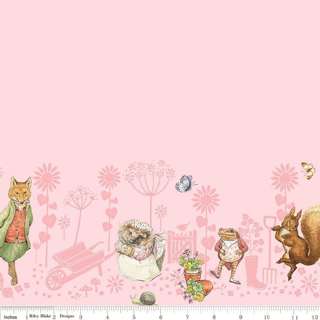 Image of the Peter Rabbit and Friends Border Print Pink quilting cotton fabric by Beatrix Potter for Riley Blake Designs. Features border animals on a pink background. Cute Little Fabric Shop