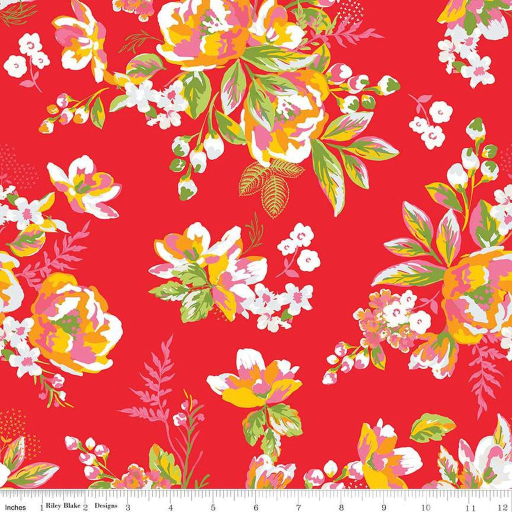 Image of the Wide Back Picnic Florals Floral Red quilting cotton fabric by My Mind's Eye for Riley Blake Designs. Features flowers on a red background. 
Cute Little Fabric Shop