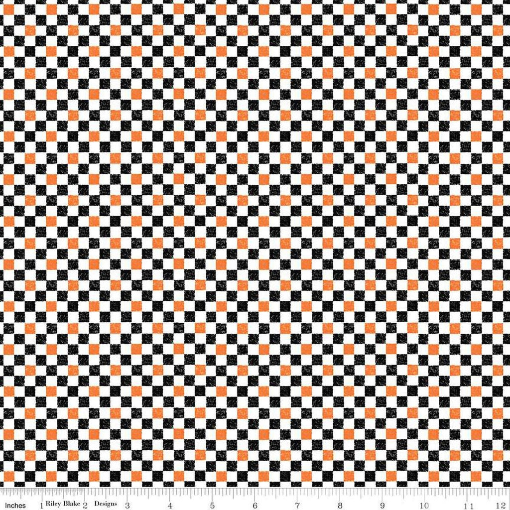 Image of the Check Please! 1/4 inch Check Halloween quilting cotton fabric by Riley Blake Designs. Features a small printed gingham checkered pattern with a black and orange checkered print. Cute Little Fabric Shop