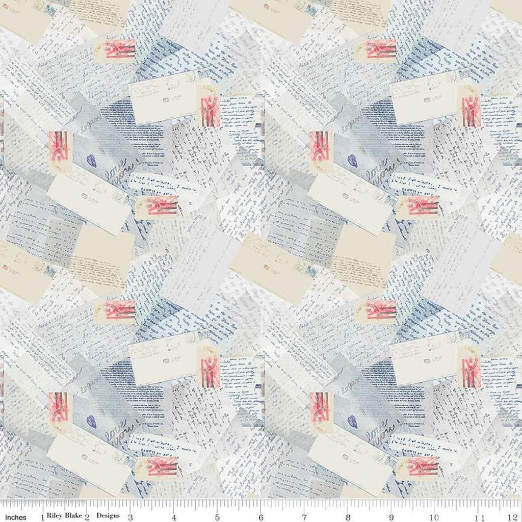 Image of the Letters From Home Letters from Home Vintage Blue quilting cotton fabric by Riley Blake Designs. Features American themed prints on a navy background. Cute Little Fabric Shop