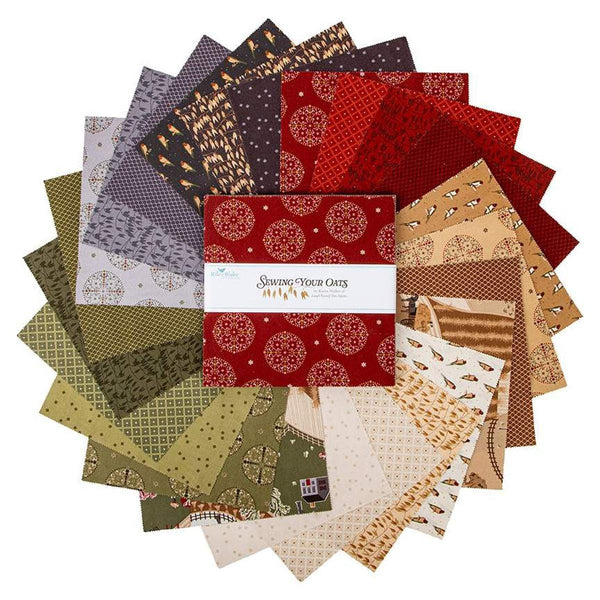 Image of the Sewing your Oats 10 Inch Stacker by Karen Walker for Riley Blake Designs. Features farm themed fabrics on various red, green, and gray backgrounds. 
Cute Little Fabric Shop