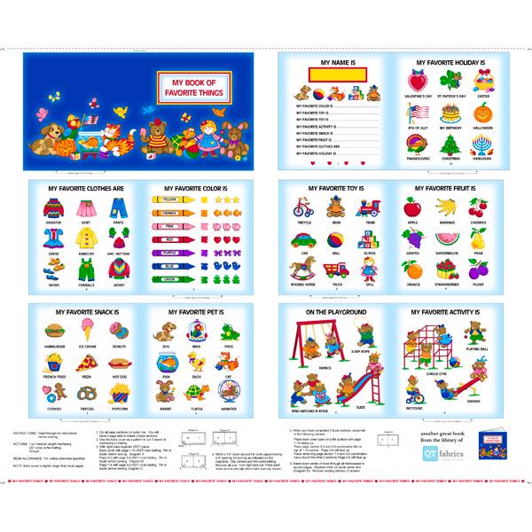 Image of the Fabric Books Book of Favorite Things Panel by QT Fabrics. Features examples of letters, numbers, and animals on a panel to make a fabric book. 
Cute Little Fabric Shop