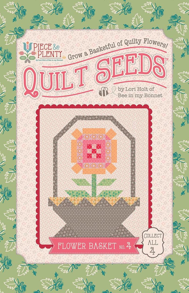 Image of the  Piece & Plenty Quilt Seeds™ Flower Basket No. 4 quilt pattern by Lori Holt for Riley Blake Designs. Features a pink flower on a quilt. 
Cute Little Fabric Shop
