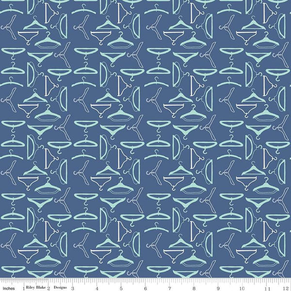 Image of the Vintage Happy 2 Hangers Denim quilting cotton fabric by Lori Holt for Riley Blake Designs. Features clothing hangers on a blue background.  
Cute Little Fabric Shop