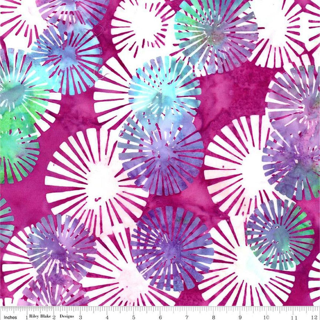 Image of the Expressions Batiks Bedazzled! Dancing Queen quilting cotton fabric by Pat Fryer for Riley Blake Designs. Features a star pattern on a magenta background. 
Cute Little Fabric Shop