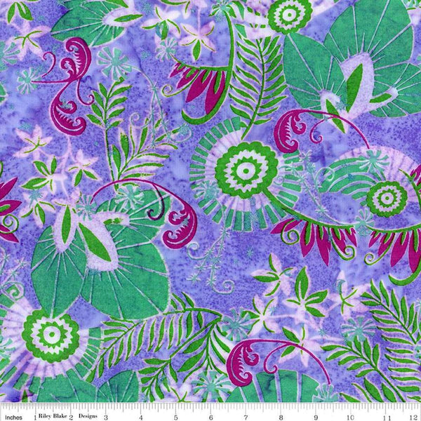 Image of the Expressions Batiks Bedazzled! Lilac Mint quilting cotton fabric by Pat Fryer for Riley Blake Designs. Features a flower pattern on a purple background. 
Cute Little Fabric Shop