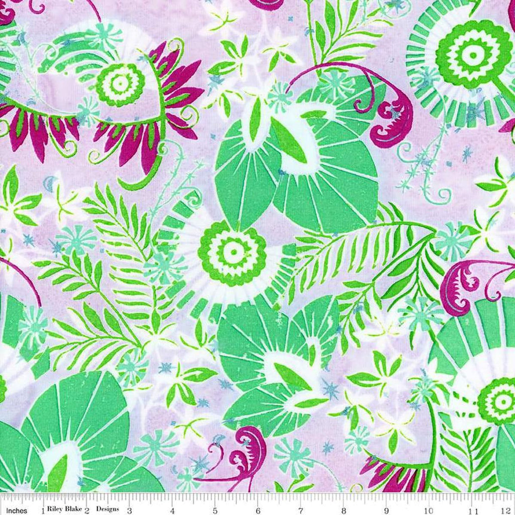 Image of the Expressions Batiks Bedazzled! Wisteria Skye quilting cotton fabric by Pat Fryer for Riley Blake Designs. Features a flower pattern on a pink background. 
Cute Little Fabric Shop