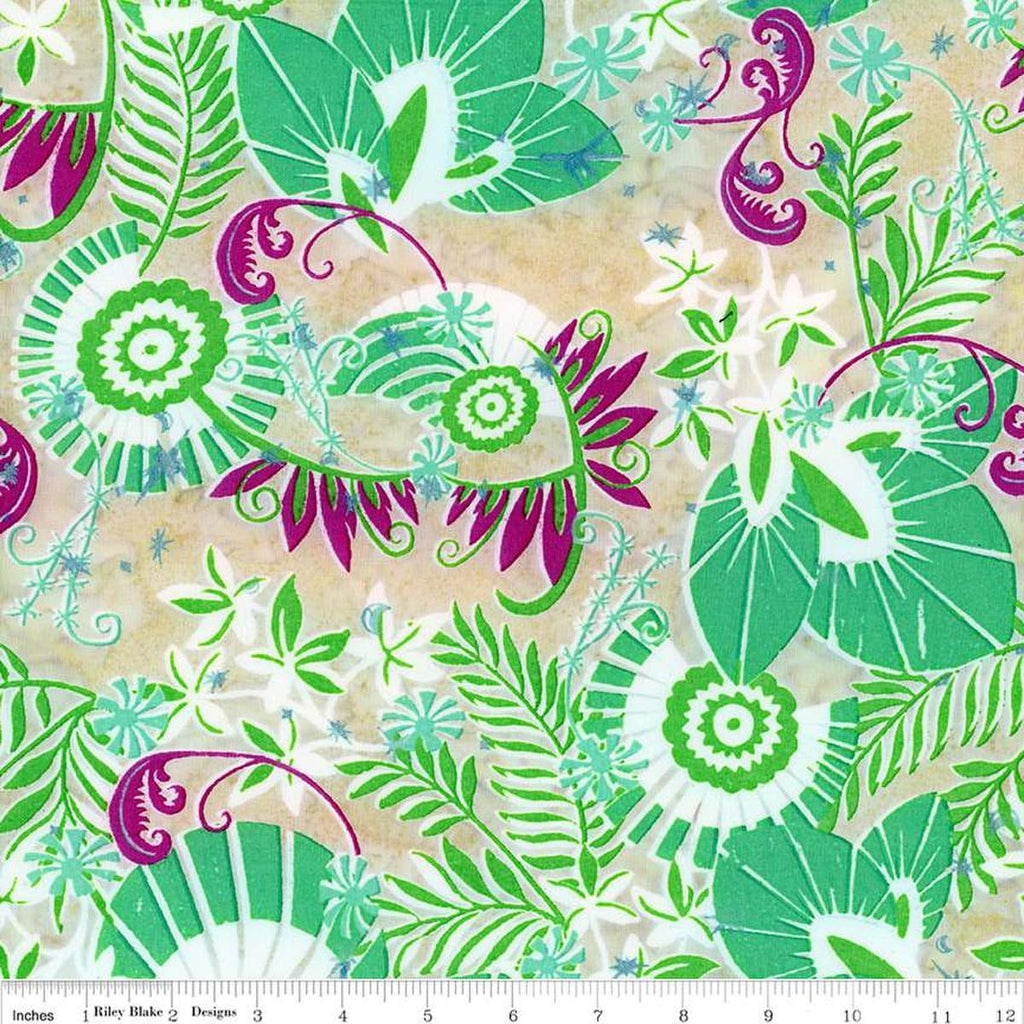 Image of the Expressions Batiks Bedazzled! Spearmint Sprinkles quilting cotton fabric by Pat Fryer for Riley Blake Designs. Features a flower pattern on a yellow background. 
Cute Little Fabric Shop