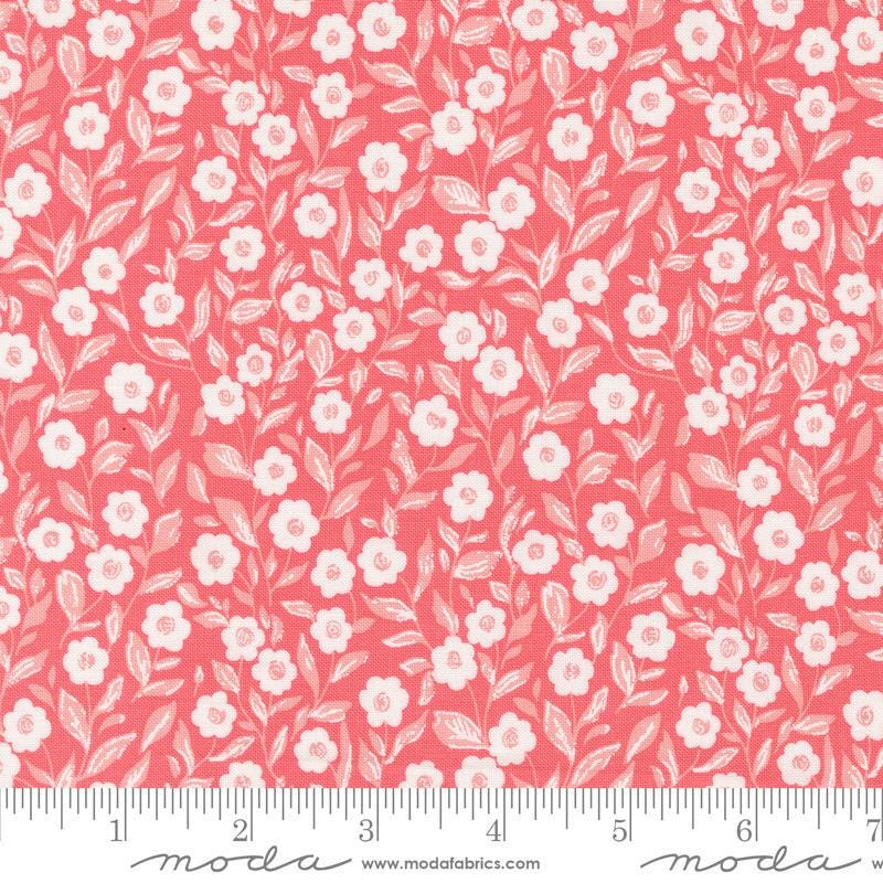 Image of the Love Blooms Cupid Lipstick quilting cotton fabric by Moda Fabrics. Features flowers on a pink background. Cute Little Fabric Shop