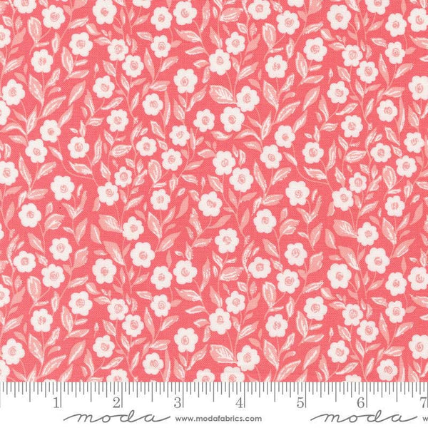 Image of the Love Blooms Cupid Lipstick quilting cotton fabric by Moda Fabrics. Features flowers on a pink background. Cute Little Fabric Shop