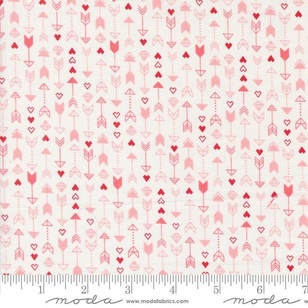 Image of the Love Blooms Arrow Lace quilting cotton fabric by Moda Fabrics. Features arrows on a white background. Cute Little Fabric Shop