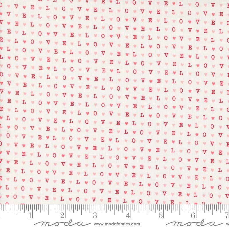 Image of the Love Blooms LOVE Lace quilting cotton fabric by Moda Fabrics. Features the word LOVE on a white background. Cute Little Fabric Shop