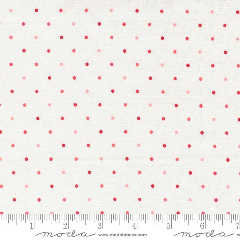 Image of the Love Blooms Magic Dots Love quilting cotton fabric by Moda Fabrics. Features small dots on a white background. Cute Little Fabric Shop