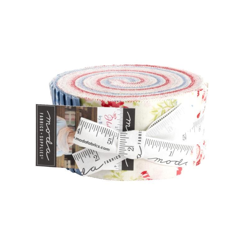 Image of the Hollyhocks and Roses Rolie Polie. Features floral fabrics with pink, white, and blue. 
Cute Little Fabric Shop