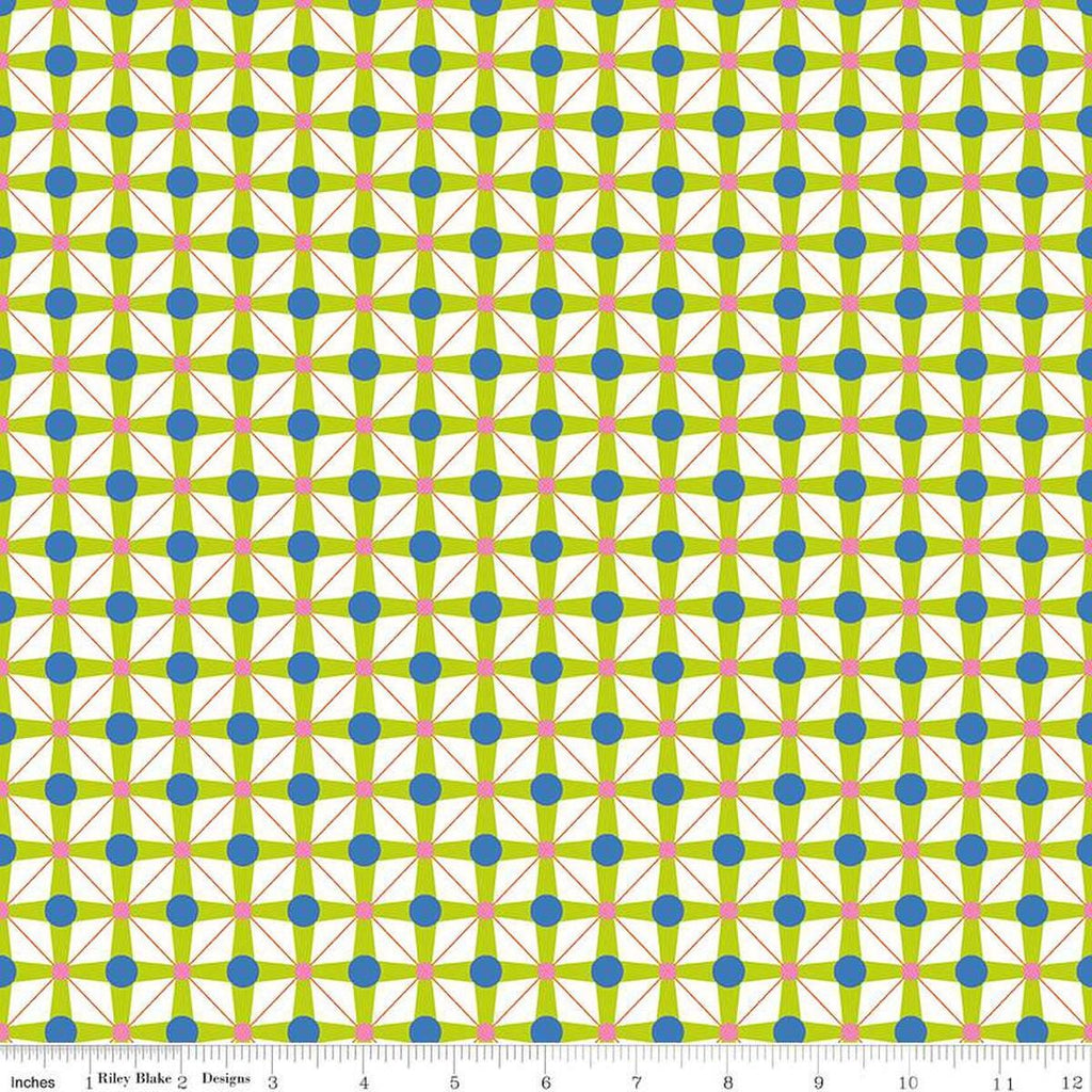 Image of the Celebrate Geo Lime quilting cotton fabric by Sue Daley for Riley Blake Designs. Features a geometric grid design with dots on a lime background
Cute Little Fabric Shop