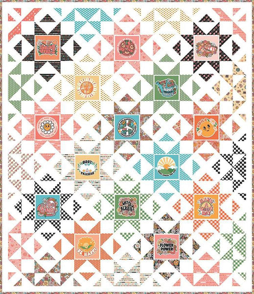 Image of the Happy Vibes quilt pattern by Frannie B Quilting Co for Riley Blake Designs. Features star blocks on a quilt. 
Cute Little Fabric Shop