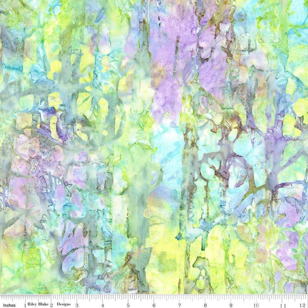 Image of the Expressions Batiks Express Yourself! Abstract Lilac Mint quilting cotton fabric by Riley Blake Designs. Features an abstract pattern on a green background. 
Cute Little Fabric Shop