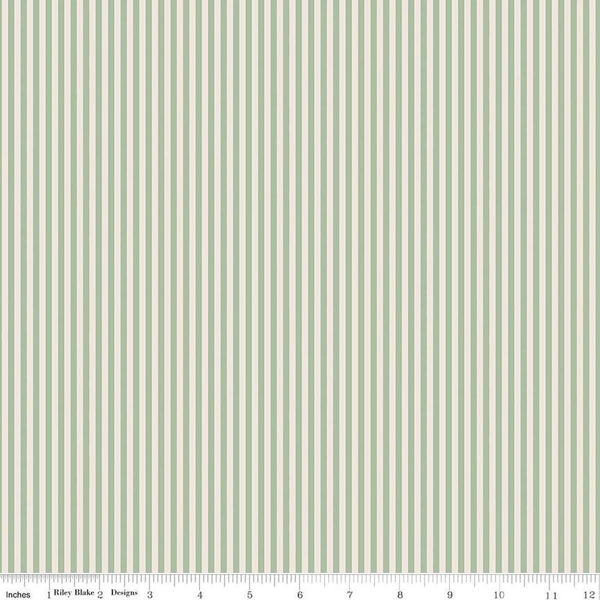 Image of the 1/8 Inch Stripe on Ivory Sage quilting cotton fabric by Riley Blake Designs. Features ivory and light green stripes. 
Cute Little Fabric Shop