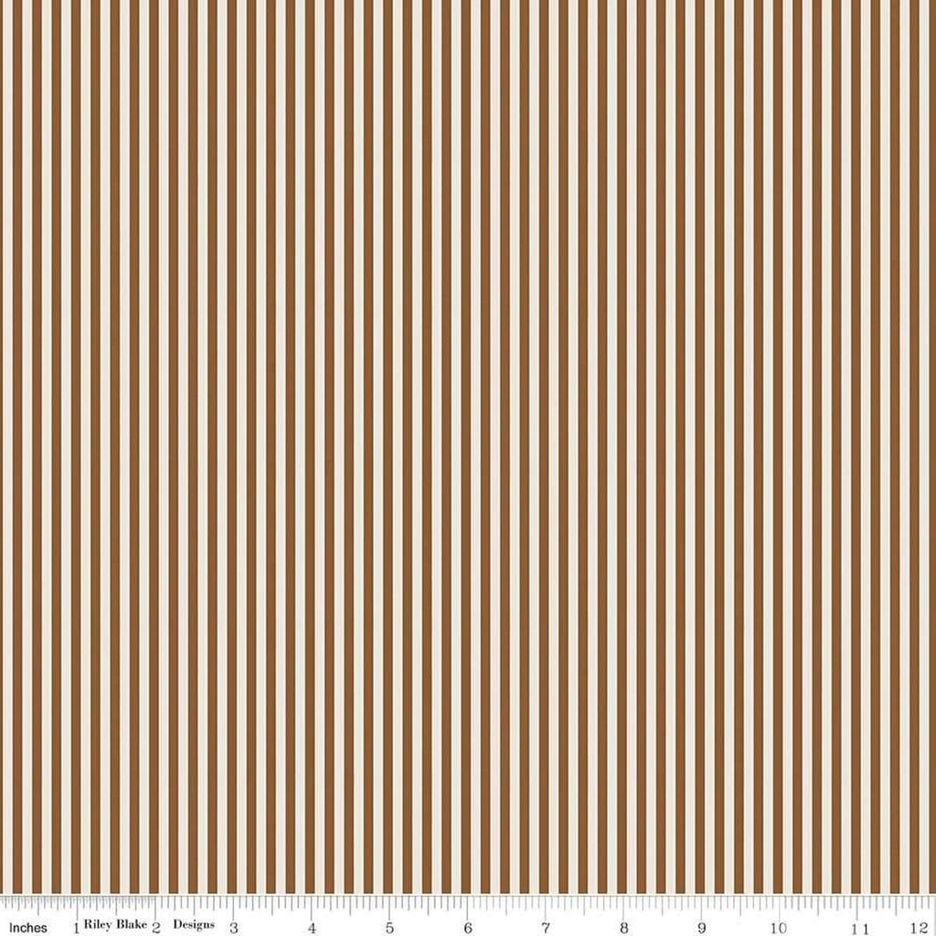 Image of the 1/8 Inch Stripe on Ivory Teddy Bear quilting cotton fabric by Riley Blake Designs. Features ivory and brown stripes. 
Cute Little Fabric Shop