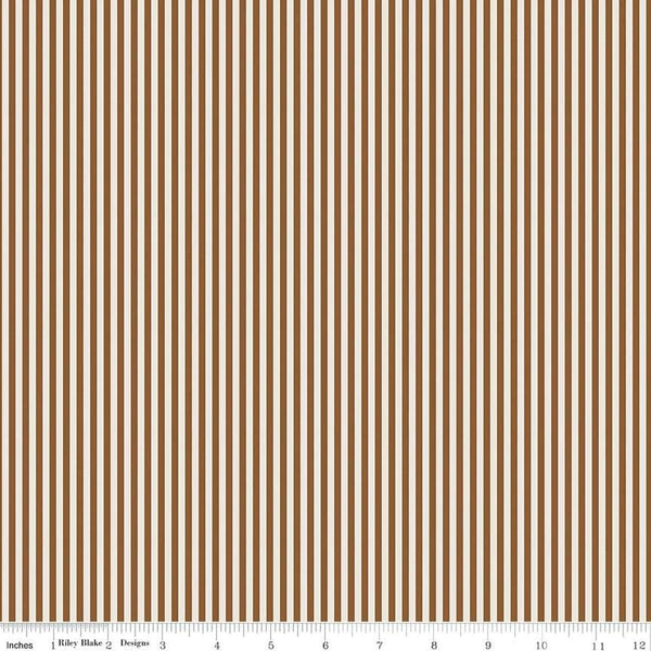 Image of the 1/8 Inch Stripe on Ivory Teddy Bear quilting cotton fabric by Riley Blake Designs. Features ivory and brown stripes. 
Cute Little Fabric Shop