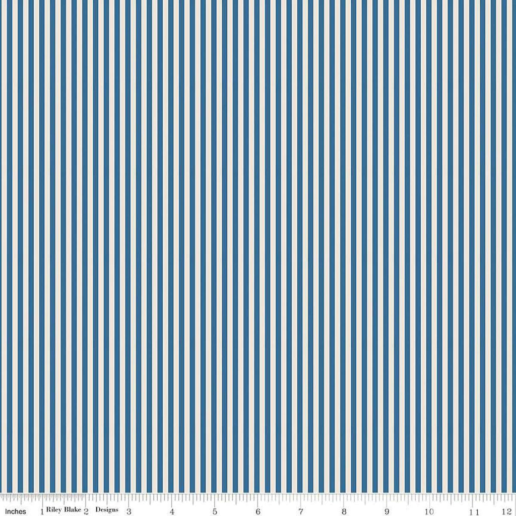 Image of the 1/8 Inch Stripe on Ivory Coastal Blue quilting cotton fabric by Riley Blake Designs. Features ivory and blue stripes. 
Cute Little Fabric Shop