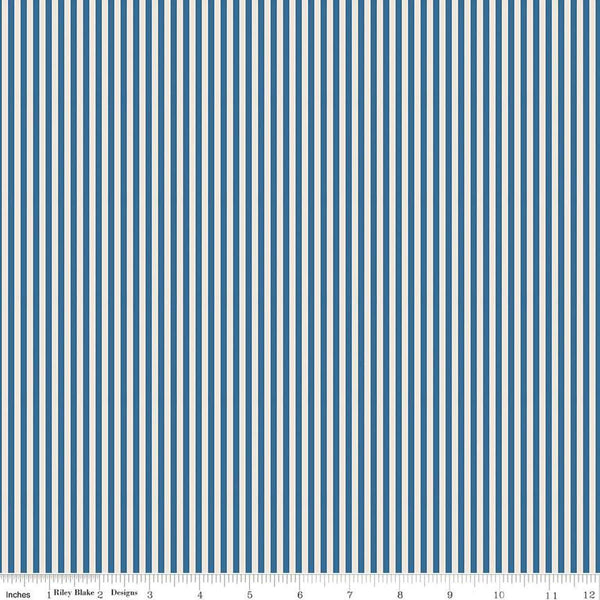 Image of the 1/8 Inch Stripe on Ivory Coastal Blue quilting cotton fabric by Riley Blake Designs. Features ivory and blue stripes. 
Cute Little Fabric Shop
