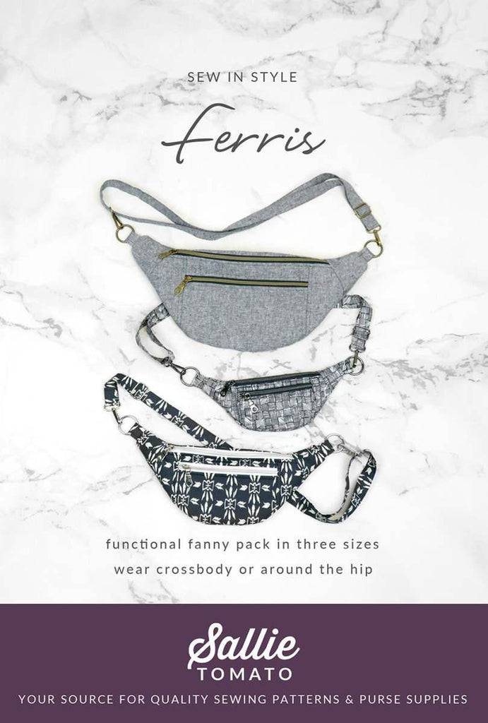 Image of the Ferris Bag Pattern by Sally Tomato for Riley Blake Designs. Features a fanny pack that can be fully customized in many colors. 
Cute Little Fabric Shop