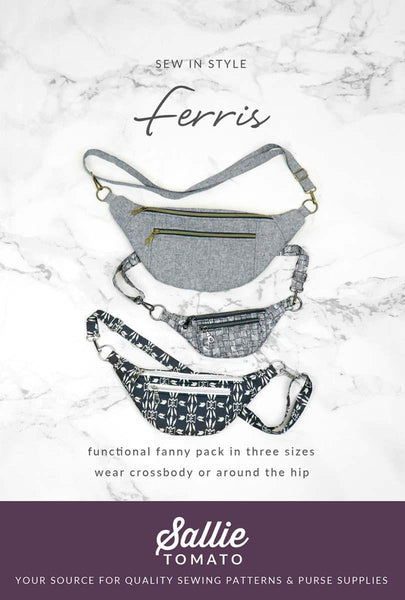 Image of the Ferris Bag Pattern by Sally Tomato for Riley Blake Designs. Features a fanny pack that can be fully customized in many colors. 
Cute Little Fabric Shop