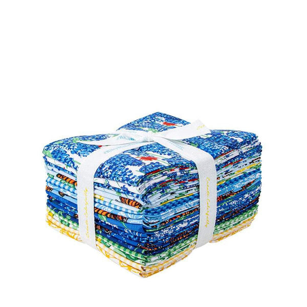 Image of the Friendship Florals Fat Quarter Bundle by Diane Labombarbe for Riley Blake Designs. Features floral fabrics on blue, yellow, and green backgrounds. 
Cute Little Fabric Shop