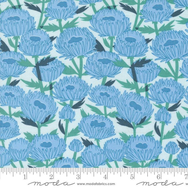 Image of the Love Letter Florals Lightest Blue quilting cotton fabric by Lizzy House for Moda Fabrics. Features swans on a blue background. Cure Little Fabric Shop