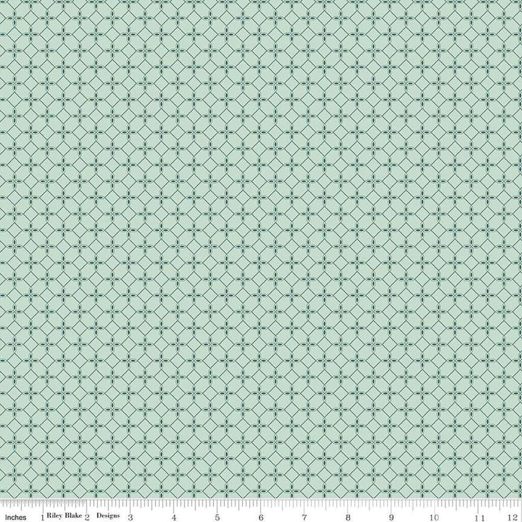 Image of the New Beginnings Tile Mist quilting cotton fabric by Riley Blake Designs. Features geometric mosaics on a teal background. Cute Little Fabric Shop