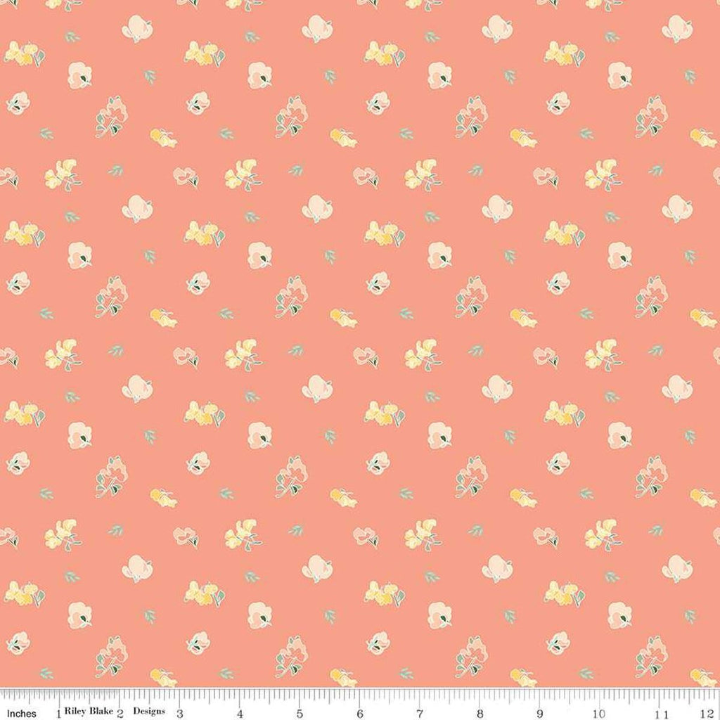 Image of the New Beginnings Sweet Peas Apricot quilting cotton fabric by Riley Blake Designs. Features flowers on a coral background. Cute Little Fabric Shop