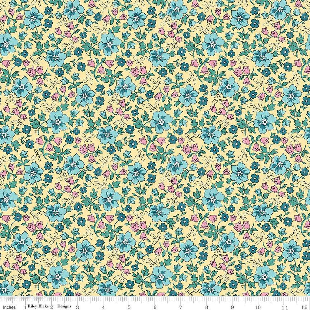 Image of the Precious Petites Garden Yellow quilting cotton fabric by Gerri Robinson for Riley Blake Designs. Features flowers on a yellow background. Cute Little Fabric Shop