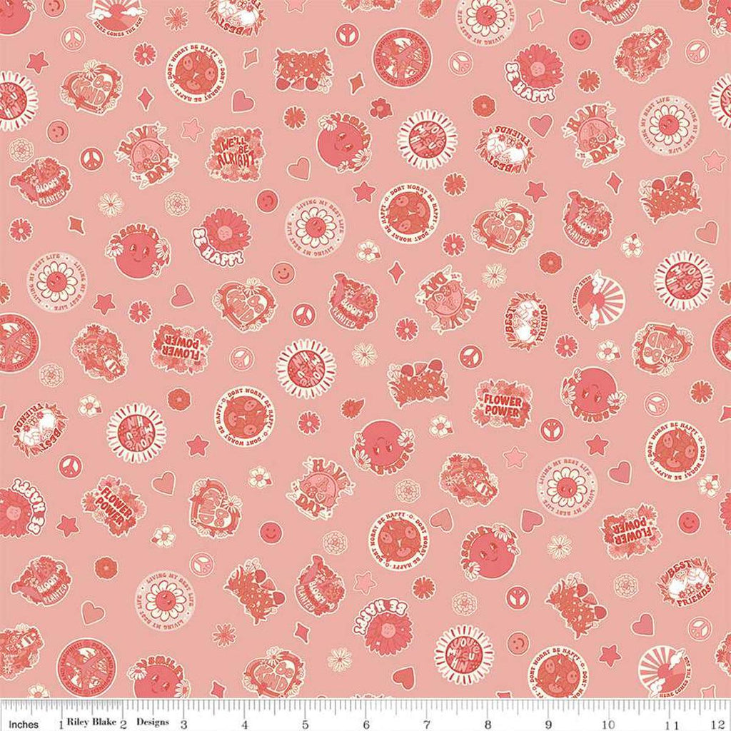 Image of the Besties Stickers Yellow quilting cotton fabric by Corinne Wells for Riley Blake Designs. Features icons on a yellow background. Cute Little Fabric Shop