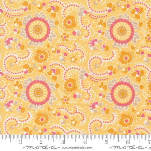 Image of the Sunday Brunch Blintz Mimosa quilting cotton fabric by Moda Fabrics. Features flowers on an orange background. Cute Little Fabric Shop