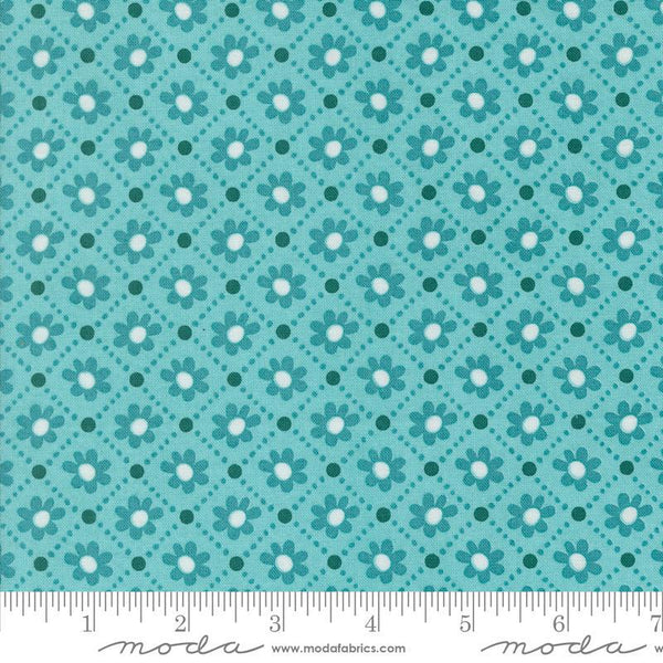 Image of the Sunday Brunch Pastry Mint Tea quilting cotton fabric by Moda Fabrics. Features flowers on a teal background. Cute Little Fabric Shop