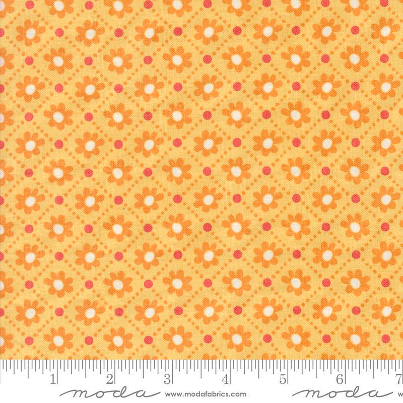 Image of the Sunday Brunch Pastry Mimosa quilting cotton fabric by Moda Fabrics. Features flowers on a yellow background. Cute Little Fabric Shop