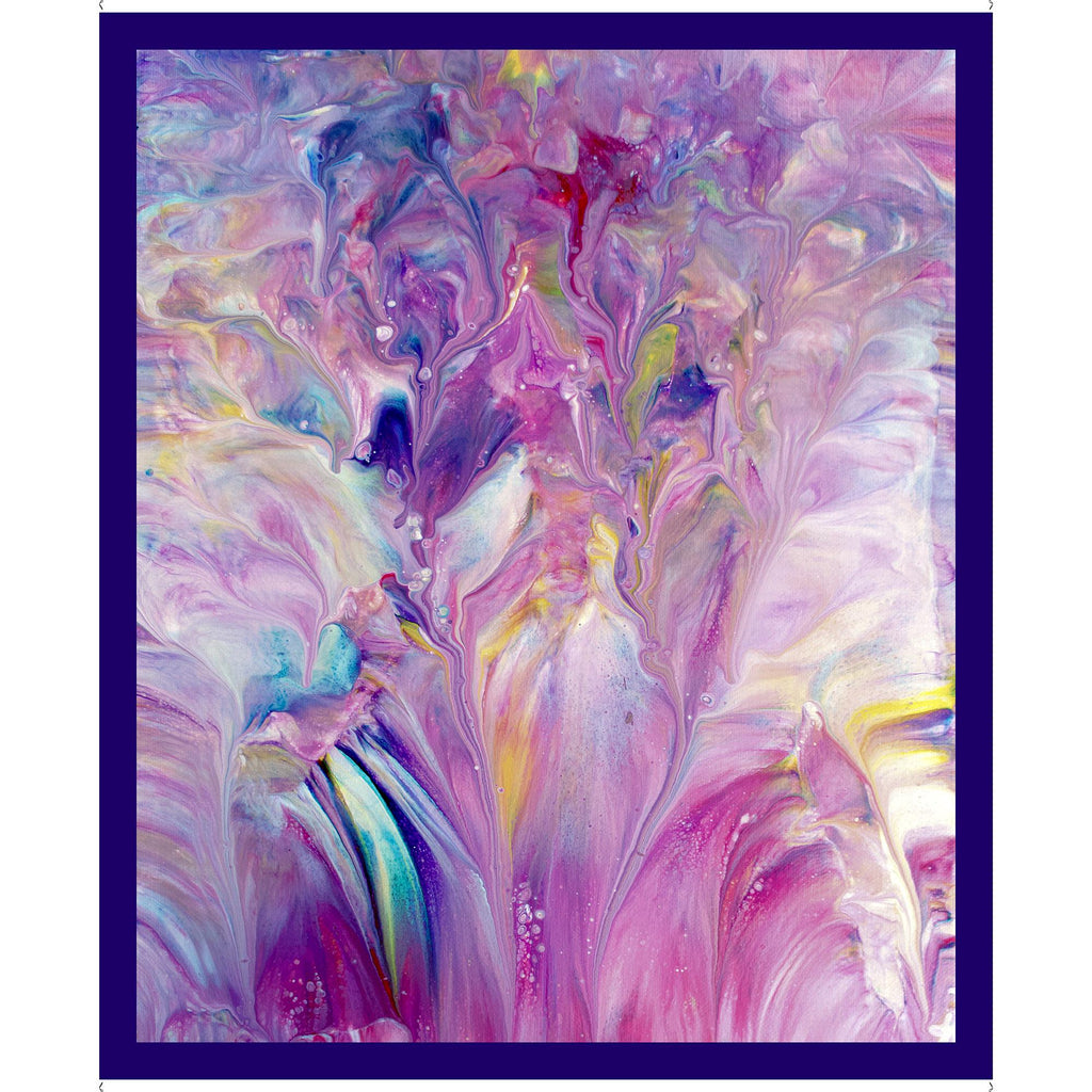Image of the Mixology Abstract Panel quilting cotton fabric by Ocllo Mason for QT Fabrics. Features an abstract paint pattern with pink and blue. 
Cute Little Fabric Shop