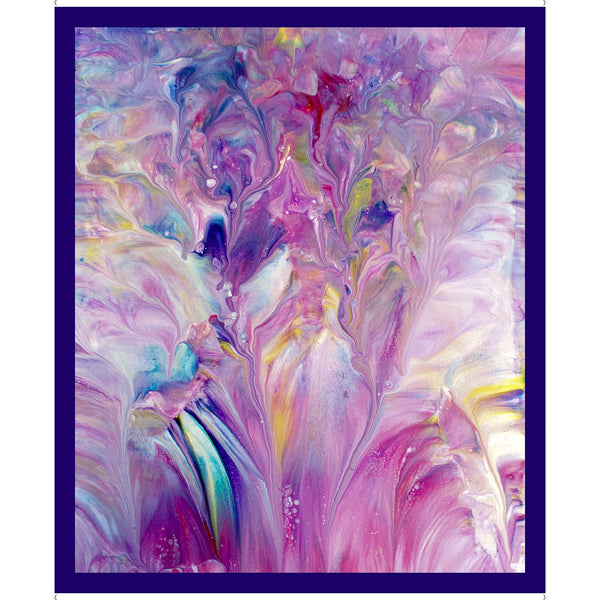 Image of the Mixology Abstract Panel quilting cotton fabric by Ocllo Mason for QT Fabrics. Features an abstract paint pattern with pink and blue. 
Cute Little Fabric Shop