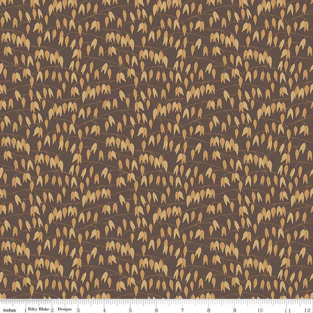 Image of the Sewing Your Oats Leaves Pebble Quilting cotton fabric by Karen Walker for Riley Blake Designs. Features branches and leaves on a brown background. Cute Little Fabric Shop.