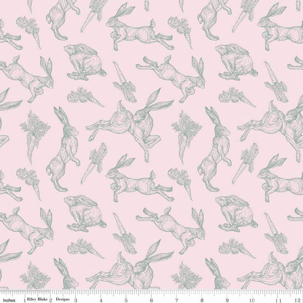Image of the Sweet Spring Bunnies Pink quilting cotton fabric by Hester & Cook for Riley Blake Designs. Features bunnies on a pink background. Cute Little Fabric Shop