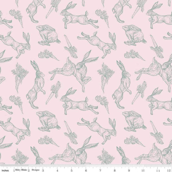 Image of the Sweet Spring Bunnies Pink quilting cotton fabric by Hester & Cook for Riley Blake Designs. Features bunnies on a pink background. Cute Little Fabric Shop