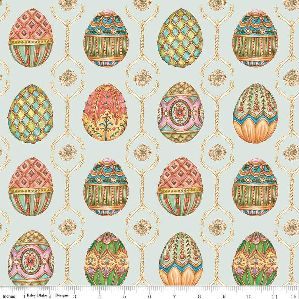 Image of the Sweet Spring Easter Eggs Seafoam quilting cotton fabric by Hester & Cook for Riley Blake Designs. Features easter eggs on a blue background. Cute Little Fabric Shop