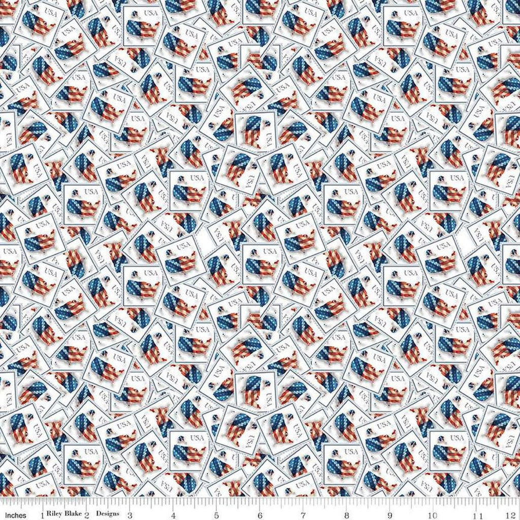 Image of the Letters From Home Stamps White quilting cotton fabric by Riley Blake Designs. Features American themed prints on a white background. Cute Little Fabric Shop